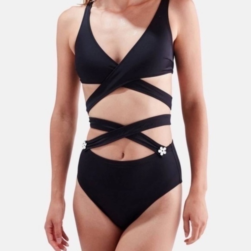 Solid & Striped Solid Black Lauren Wrap One Piece Swimsuit